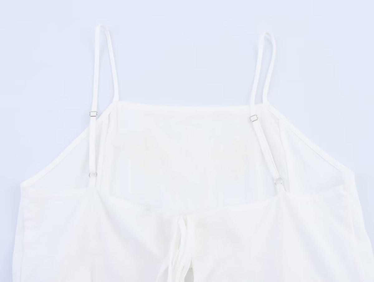 Simple Embroidery Short Pleated Hem Sling Top