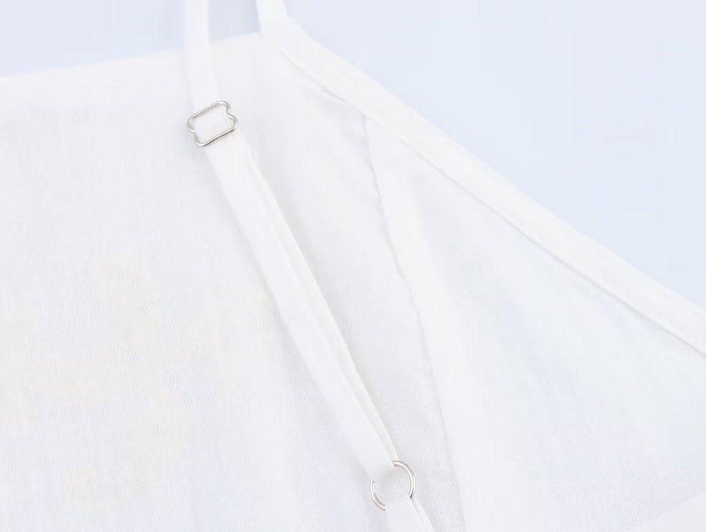 Simple Embroidery Short Pleated Hem Sling Top