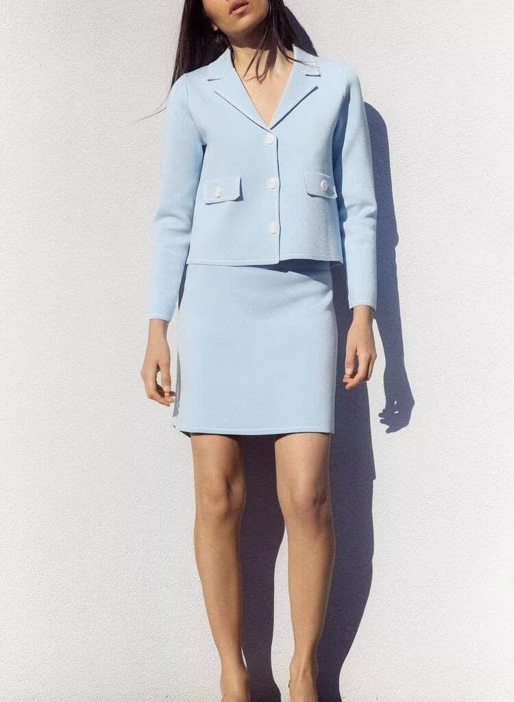 Women's Collared Knitted Jacket and Skirt Two-Piece Set