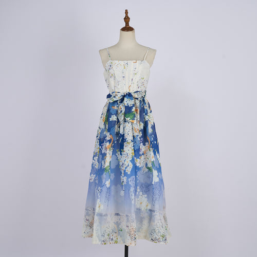 Women Summer Sleeveless Fishbone Floral Sleeved Mid Length Dress