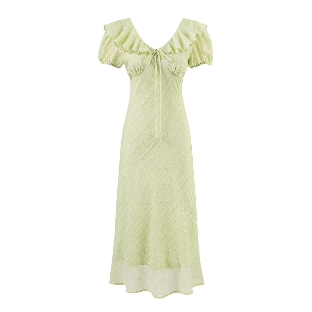 Women's Green V-Neck Ruffle Ruched Dress
