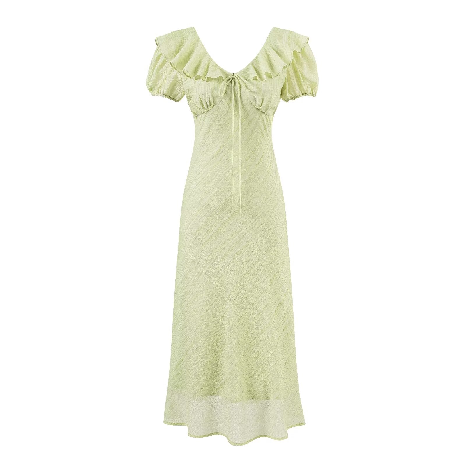 Women's Green V-Neck Ruffle Ruched Dress