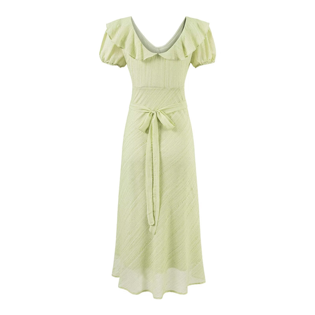 Women's Green V-Neck Ruffle Ruched Dress