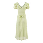 Women's Green V-Neck Ruffle Ruched Dress