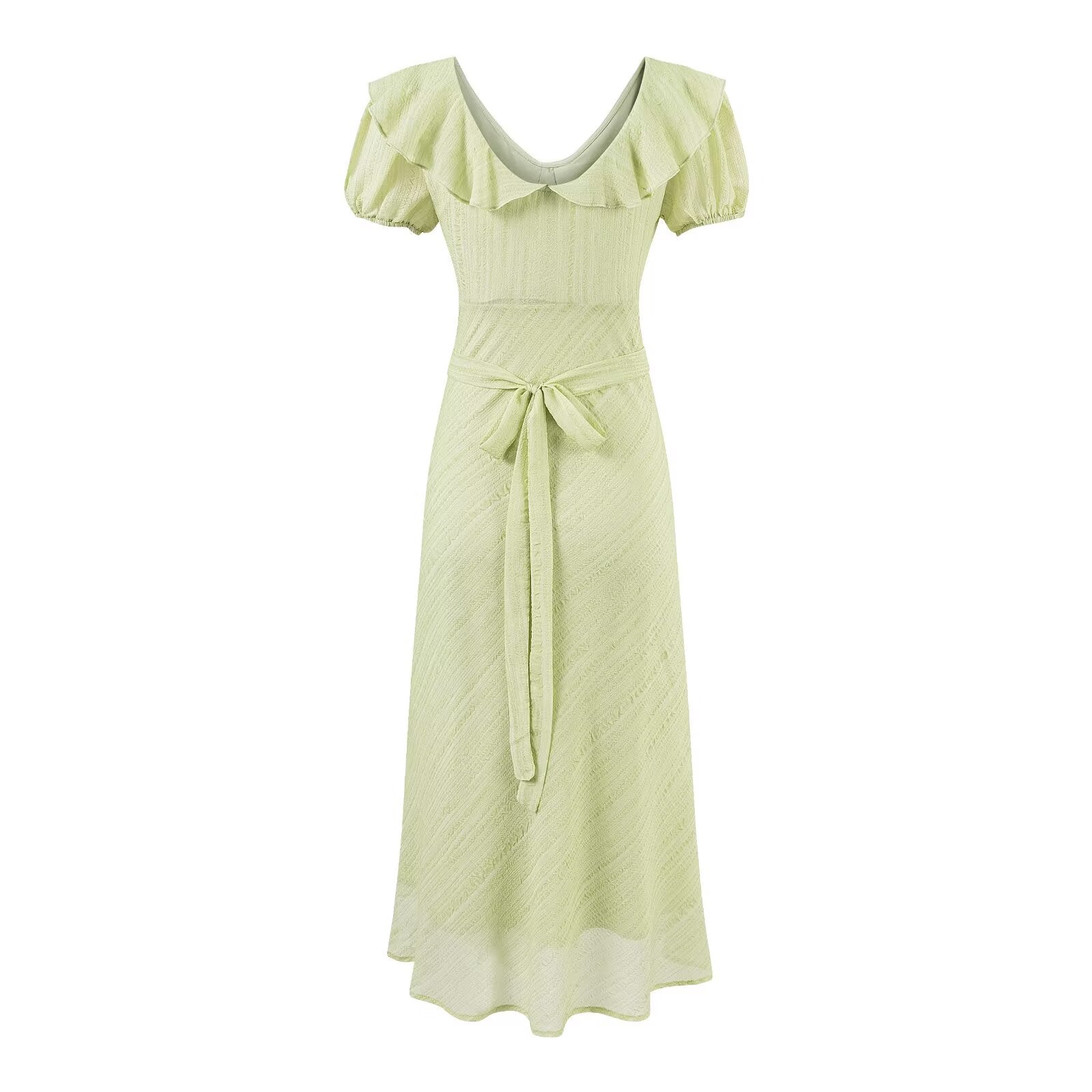 Women's Green V-Neck Ruffle Ruched Dress