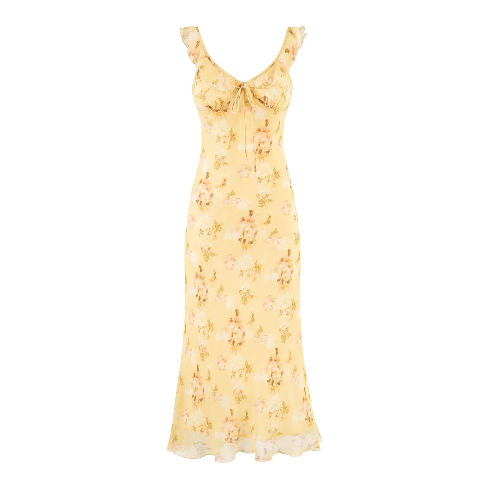 Women's Sweet Ruffled V Neck Lace Up Printing Slip Dress Vacation Sexy Long Fishtail Dress