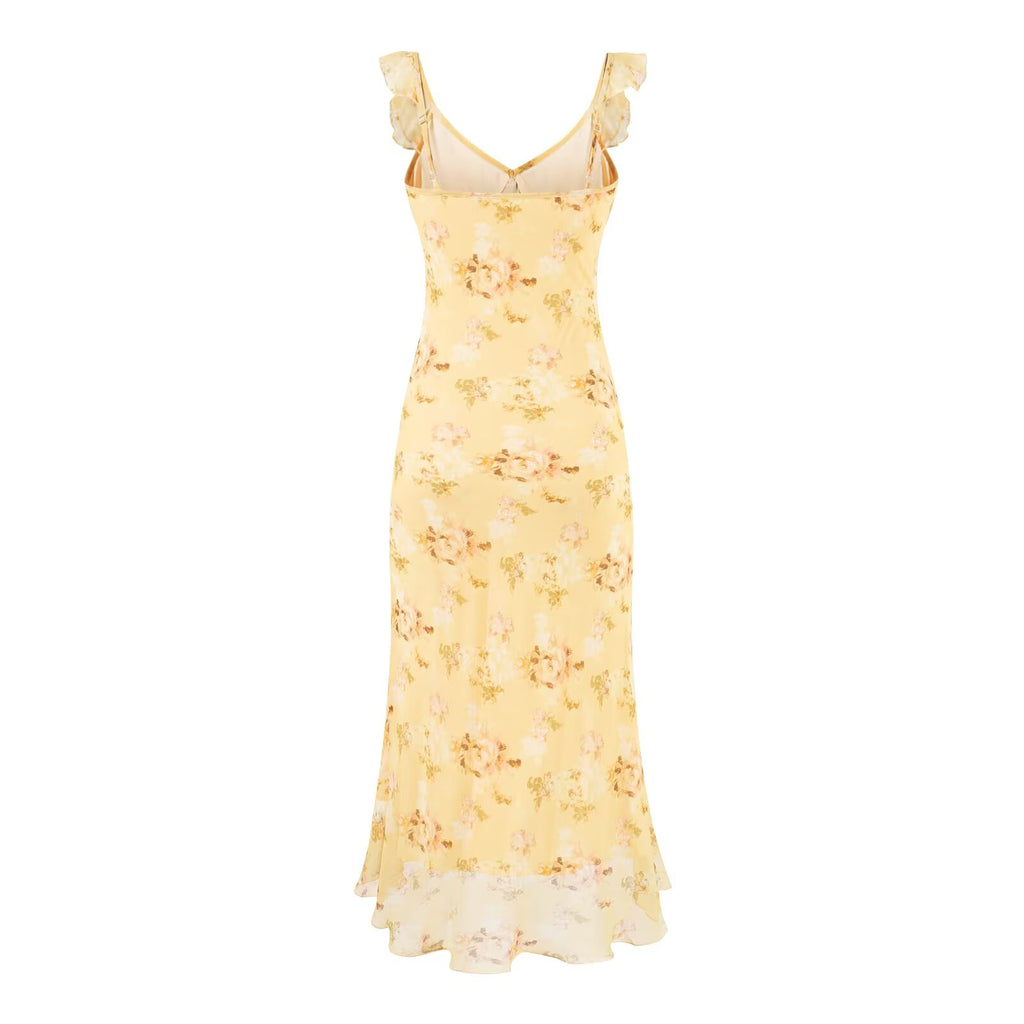 Women's Sweet Ruffled V Neck Lace Up Printing Slip Dress Vacation Sexy Long Fishtail Dress