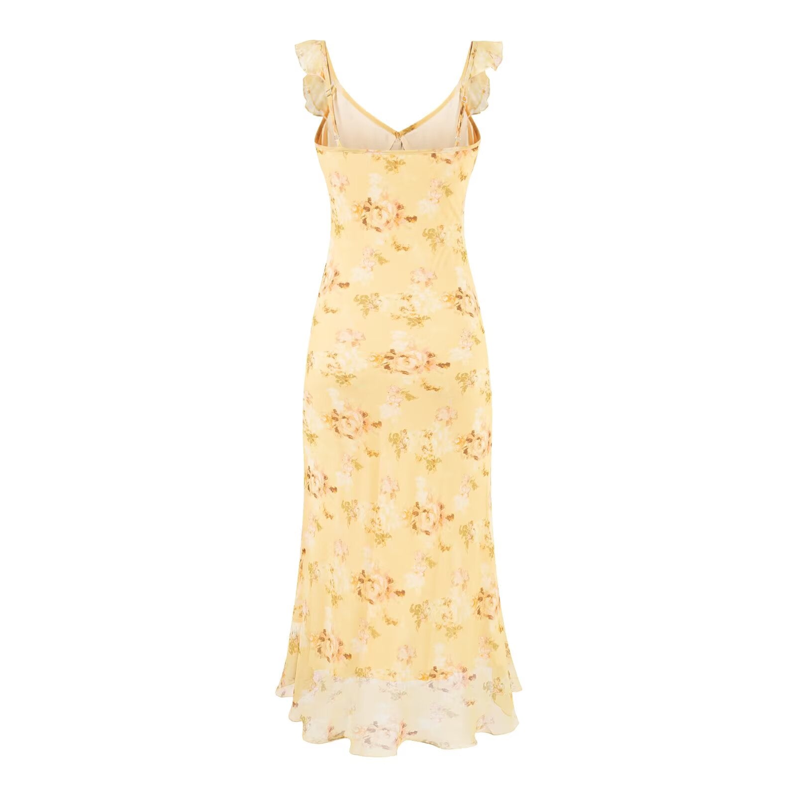Women's Sweet Ruffled V Neck Lace Up Printing Slip Dress Vacation Sexy Long Fishtail Dress