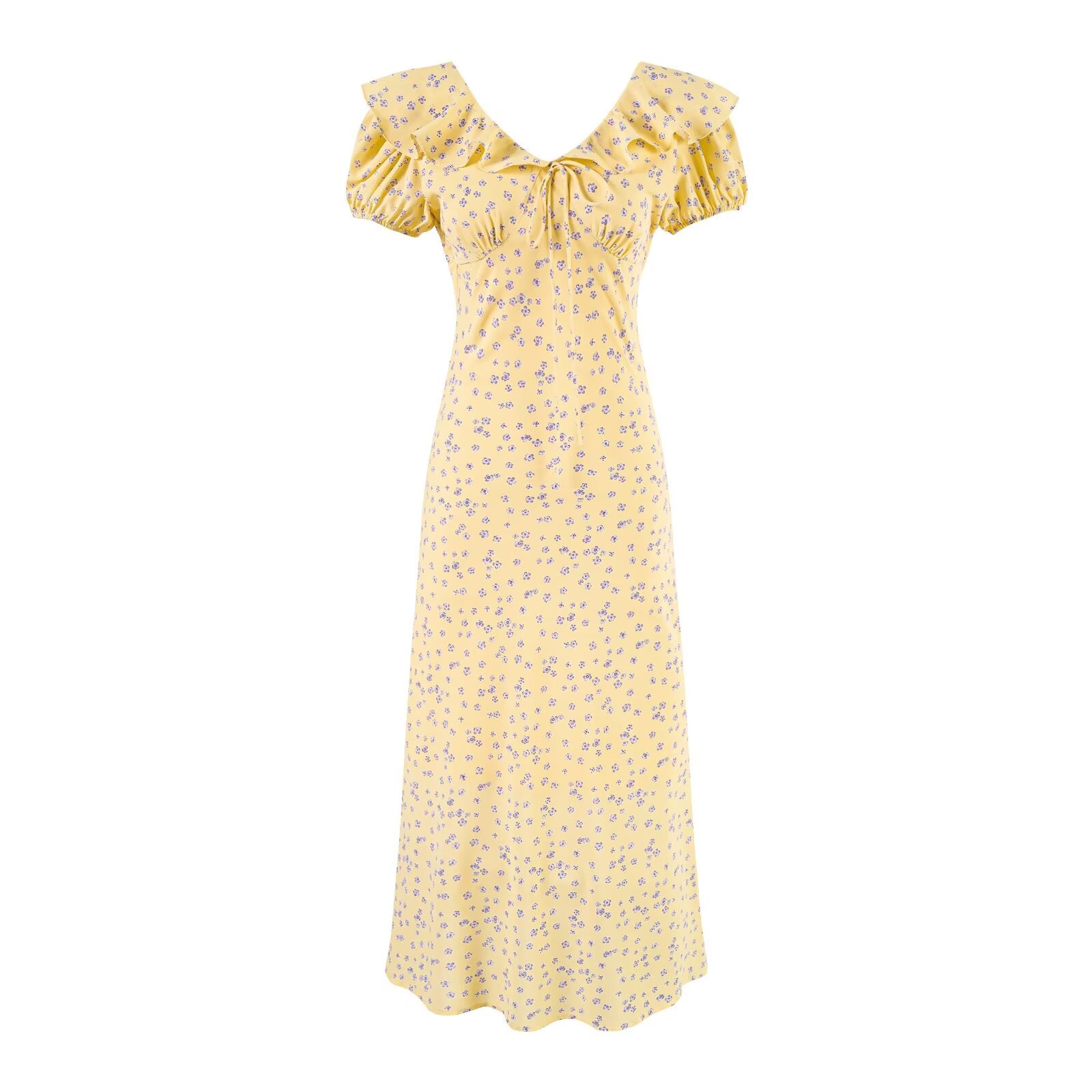 Women's V-Neck Floral Ruffle Ruched Tie Sleeveless Bodycon Midi Dress