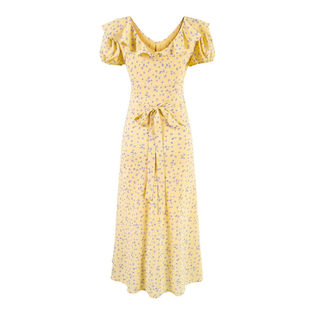 Women's V-Neck Floral Ruffle Ruched Tie Sleeveless Bodycon Midi Dress