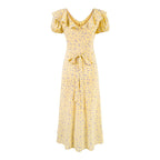 Women's V-Neck Floral Ruffle Ruched Tie Sleeveless Bodycon Midi Dress