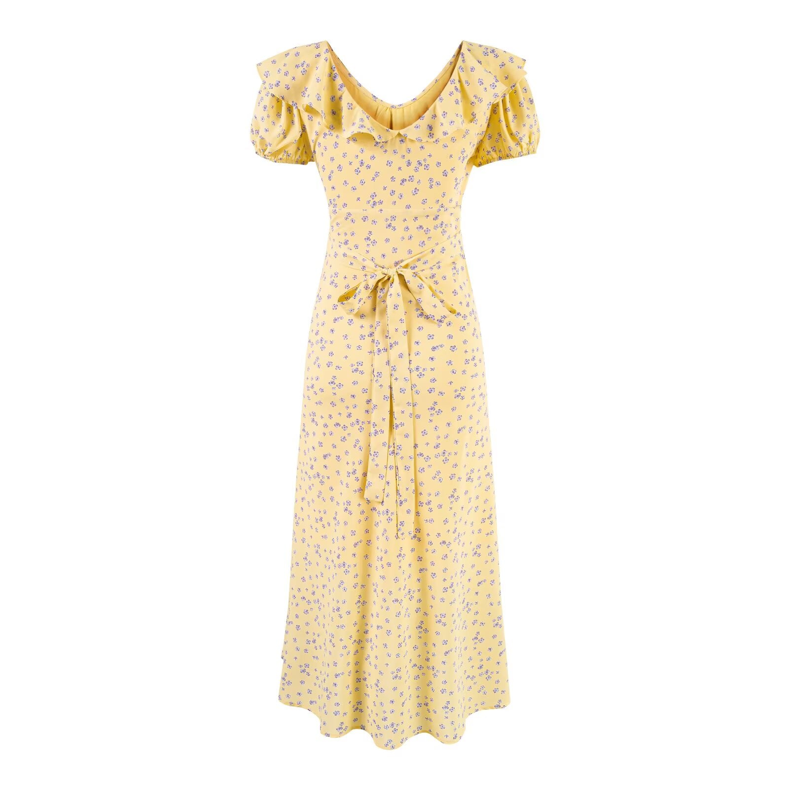 Women's V-Neck Floral Ruffle Ruched Tie Sleeveless Bodycon Midi Dress