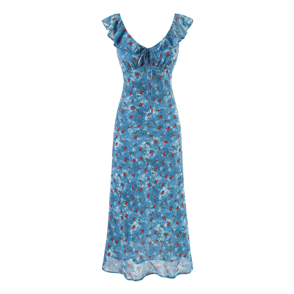 Women's V-Neck Floral Ruffle Ruched Tie Short-Sleeve Bodycon Midi Dress