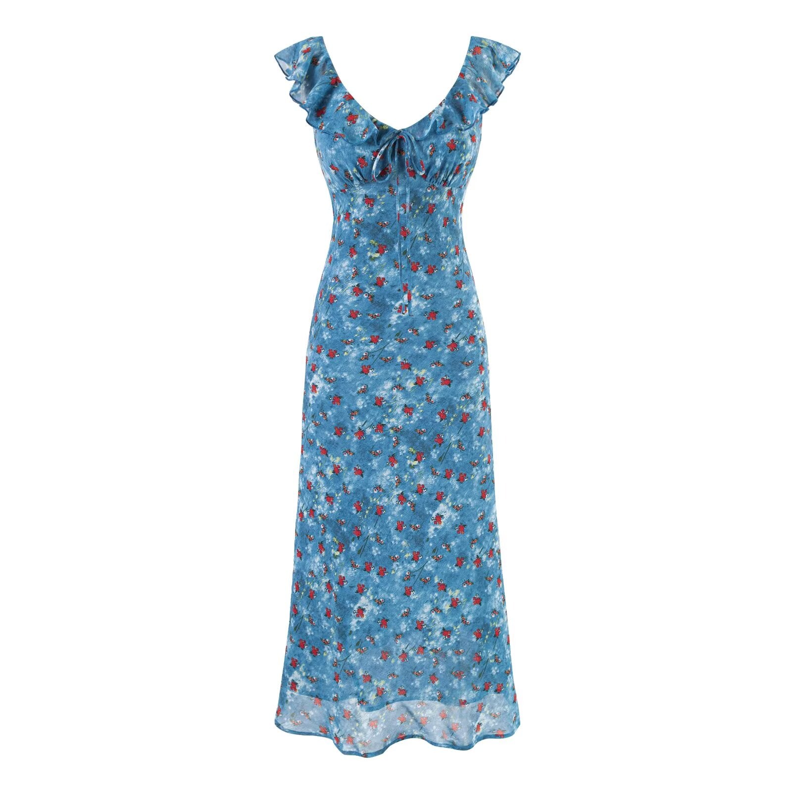 Women's V-Neck Floral Ruffle Ruched Tie Short-Sleeve Bodycon Midi Dress