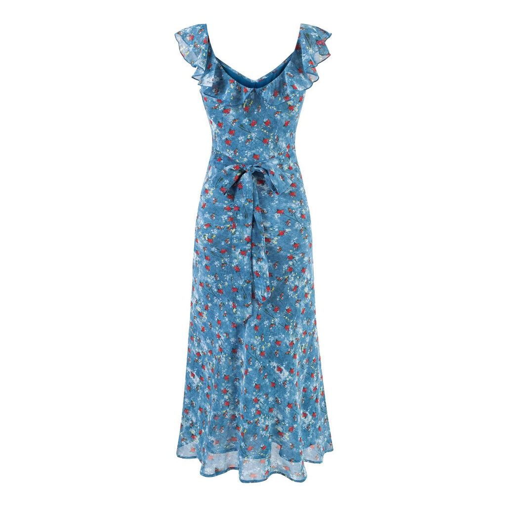 Women's V-Neck Floral Ruffle Ruched Tie Short-Sleeve Bodycon Midi Dress