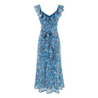 Women's V-Neck Floral Ruffle Ruched Tie Short-Sleeve Bodycon Midi Dress
