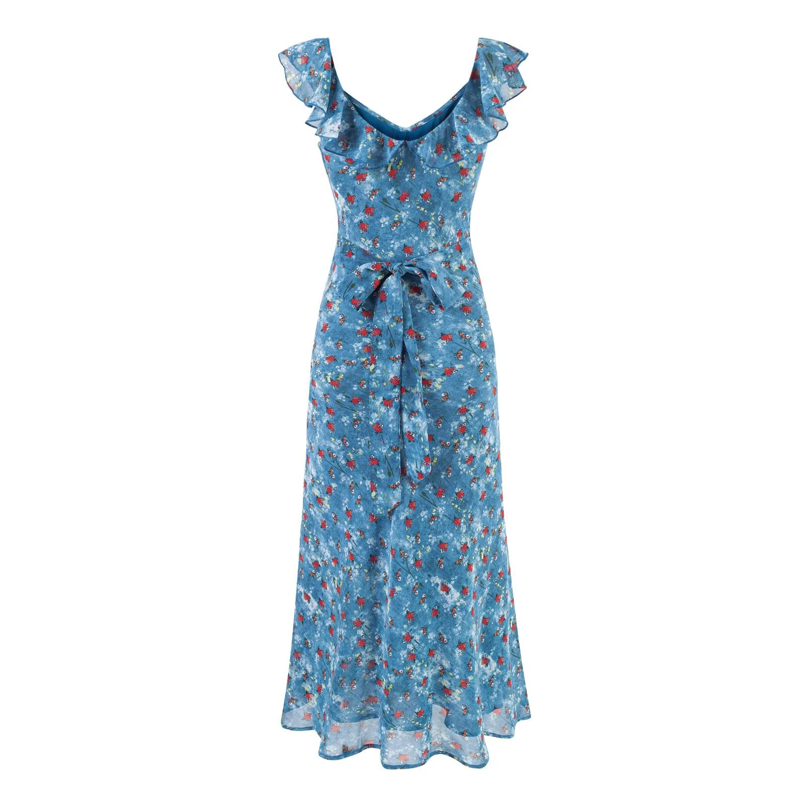 Women's V-Neck Floral Ruffle Ruched Tie Short-Sleeve Bodycon Midi Dress