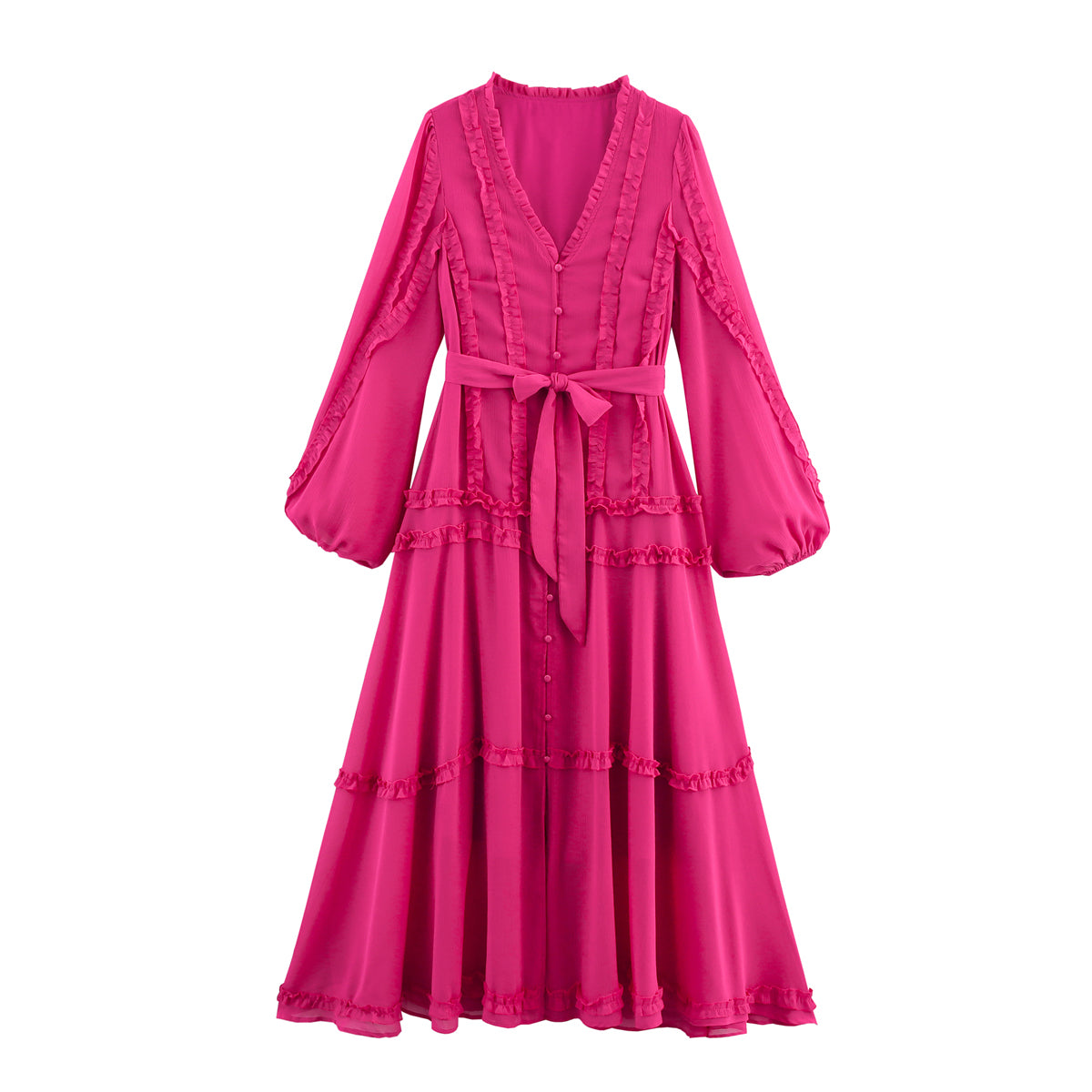 V-Neck Long Sleeve Waist Tied Chiffon Lace Long Patchwork