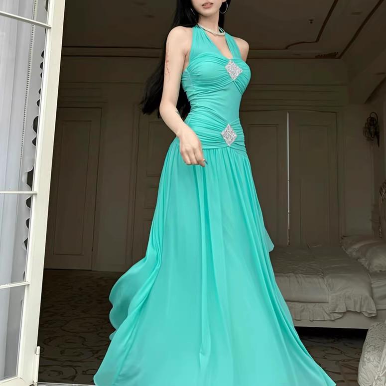Women's Halter Rhinestone Ruched Mesh Maxi Dress