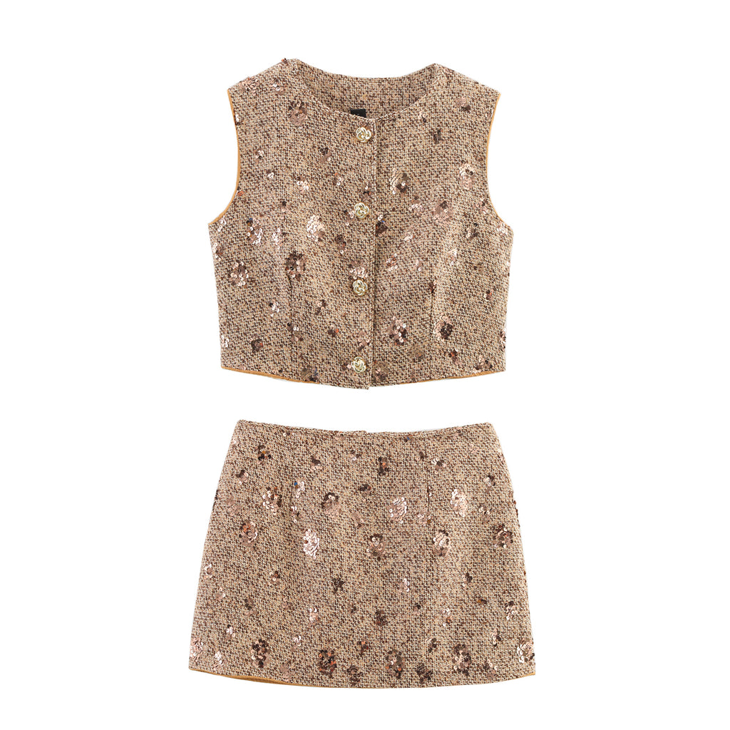 Women's Tweed Sequined Embroidered Top and Skirt Two-Piece Set