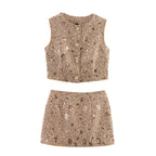 Women's Tweed Sequined Embroidered Top and Skirt Two-Piece Set