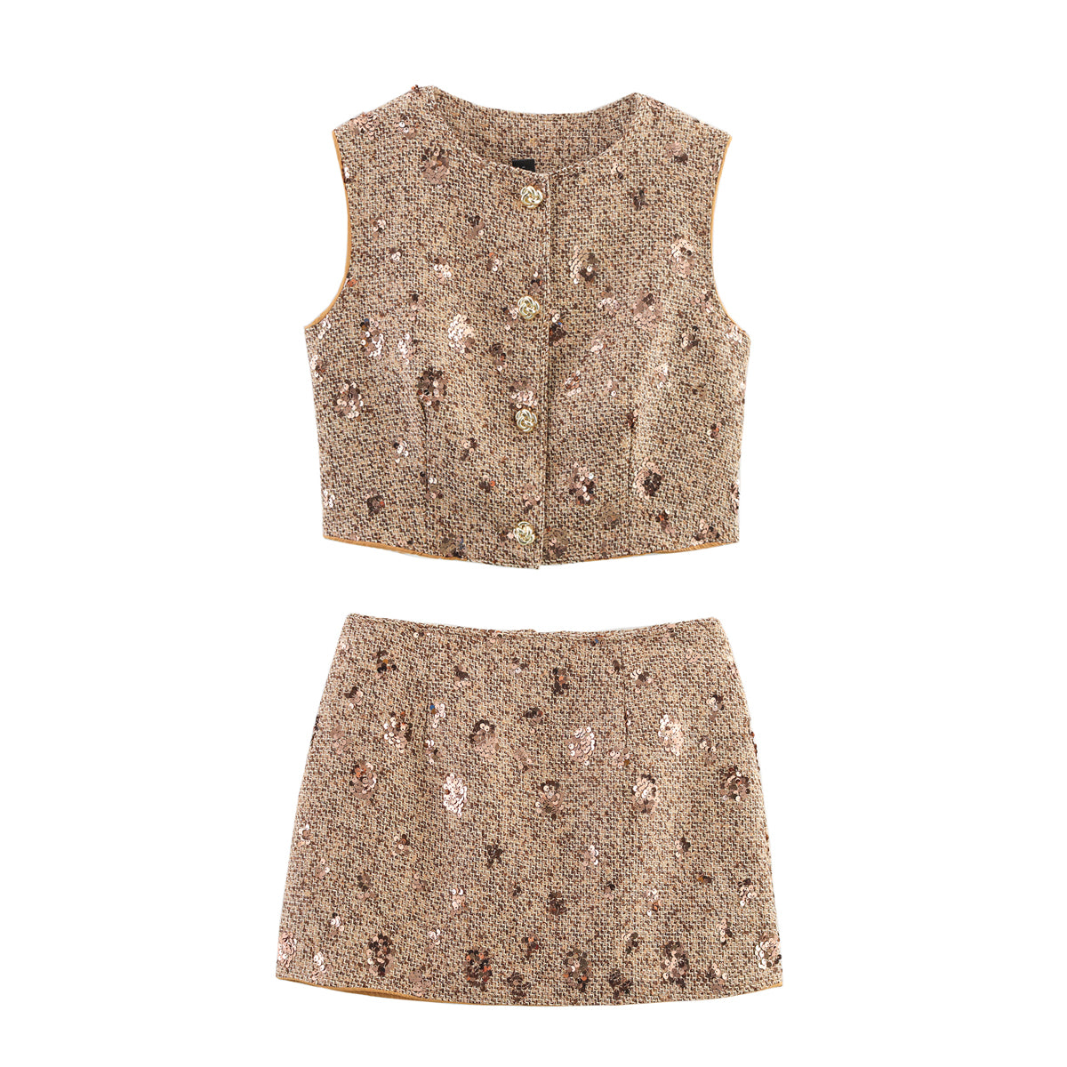 Women's Tweed Sequined Embroidered Top and Skirt Two-Piece Set