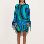 Printed Long-Sleeve Cutout Dress