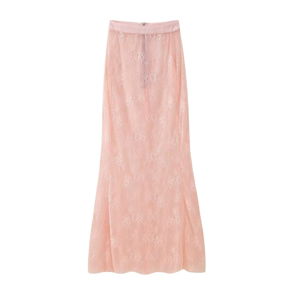 Women's Pink Lace Button-Front Skirt Suit Two-Piece Set