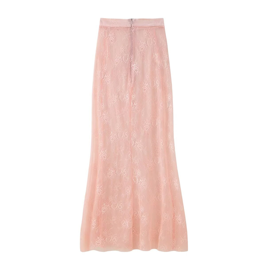 Women's Pink Lace Button-Front Skirt Suit Two-Piece Set