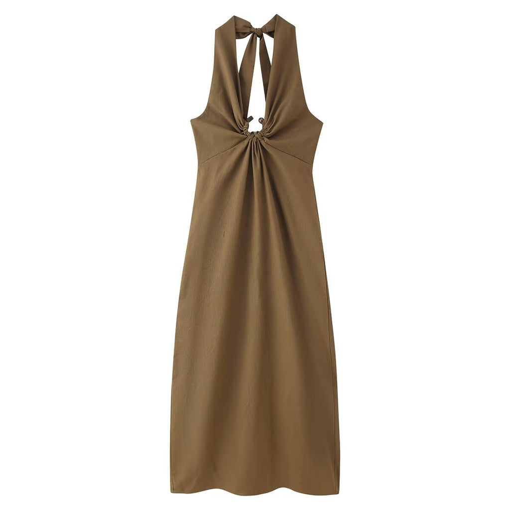 Spring Buckle Decoration Pleated Hanging Collar Dress