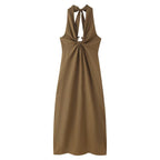 Spring Buckle Decoration Pleated Hanging Collar Dress
