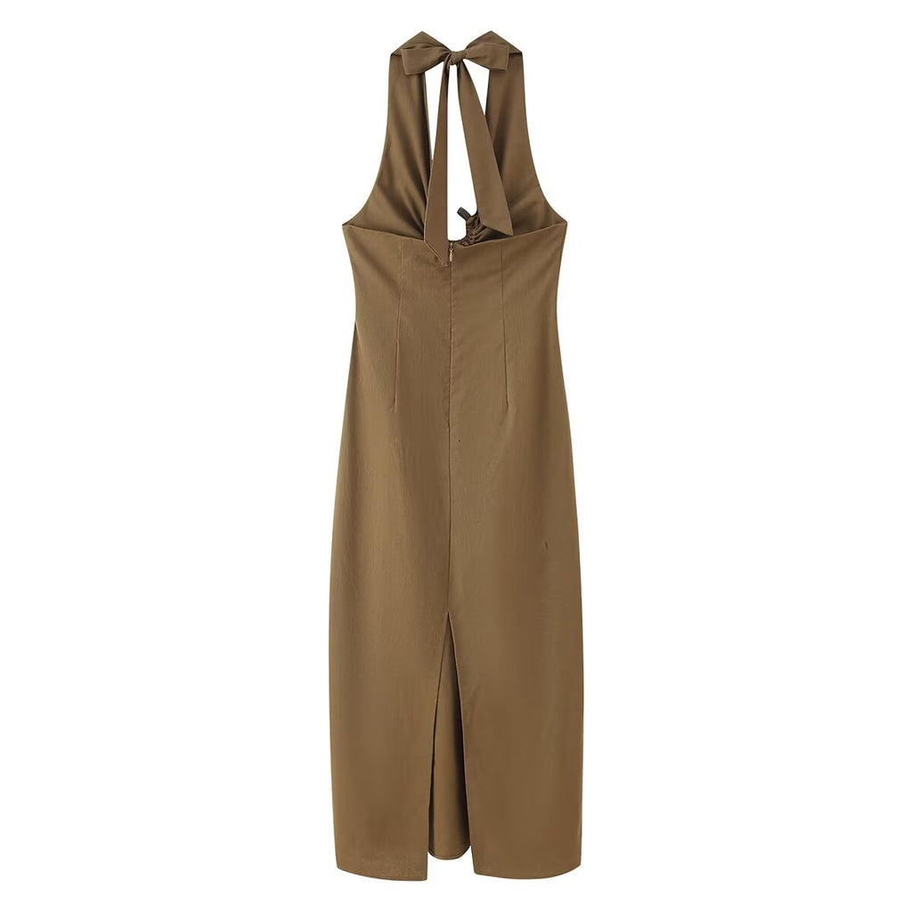 Spring Buckle Decoration Pleated Hanging Collar Dress