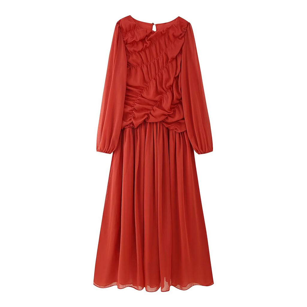 Summer Pleated Round-Neck Long Sleeves Maxi Dress