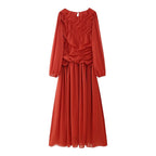 Summer Pleated Round-Neck Long Sleeves Maxi Dress