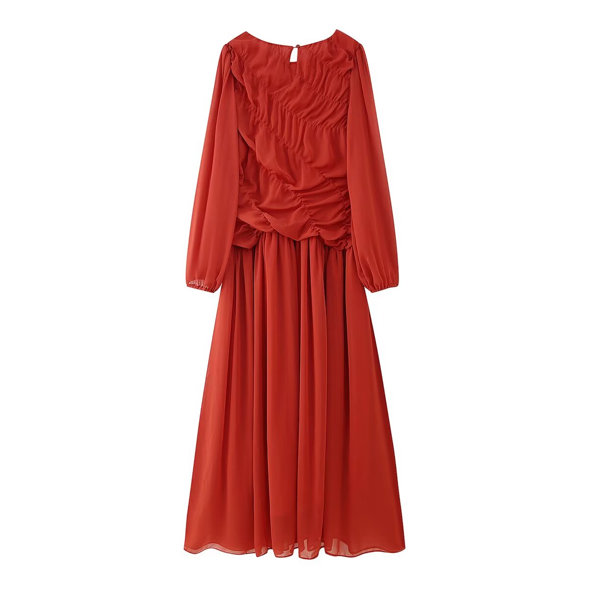 Summer Pleated Round-Neck Long Sleeves Maxi Dress