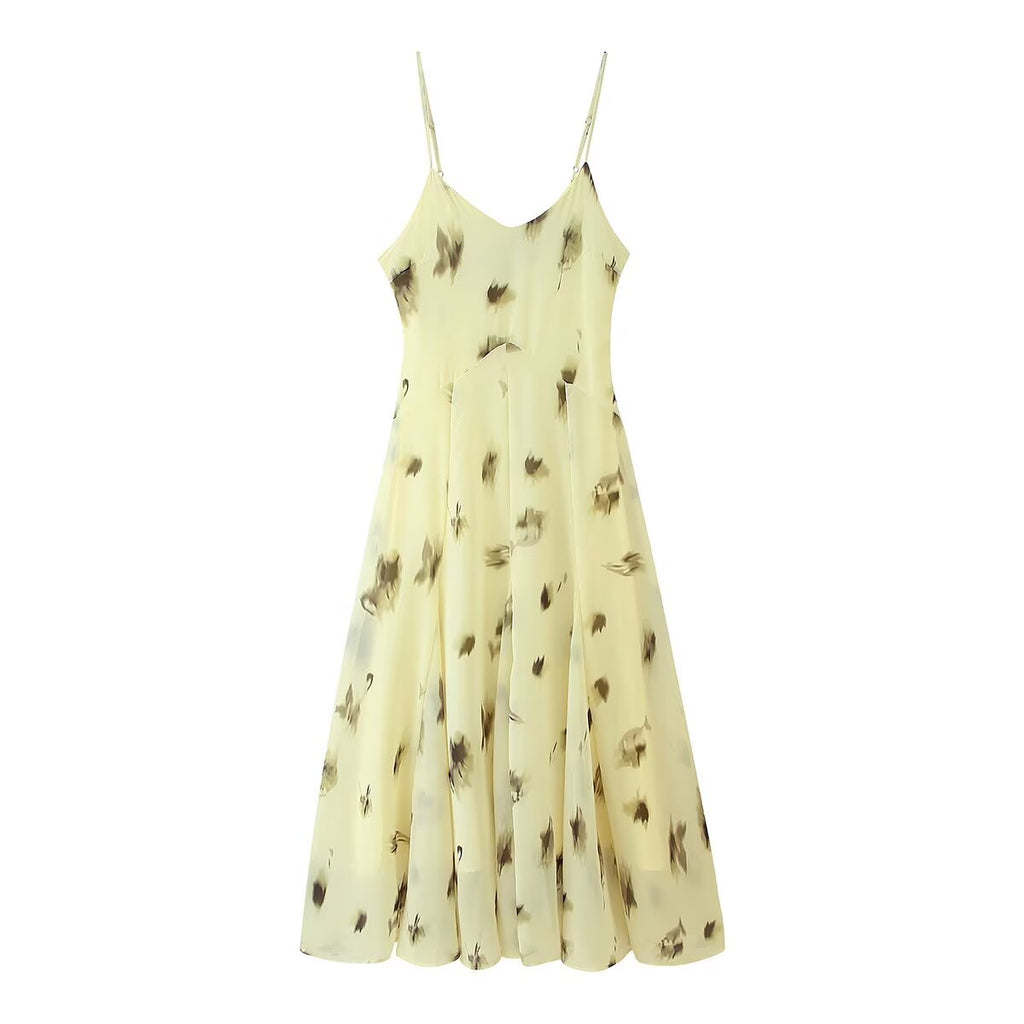 Elegance Simplicity V-Neck Printed All Matching Slip Dress