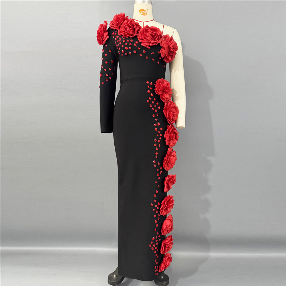 Sexy One Shoulder Beaded Red Floral Bandage Dress Ladies Party Cocktail Evening Dress