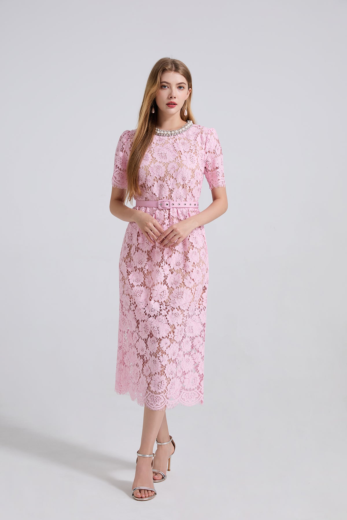 Embroidered Lace Short-Sleeve Midi Dress