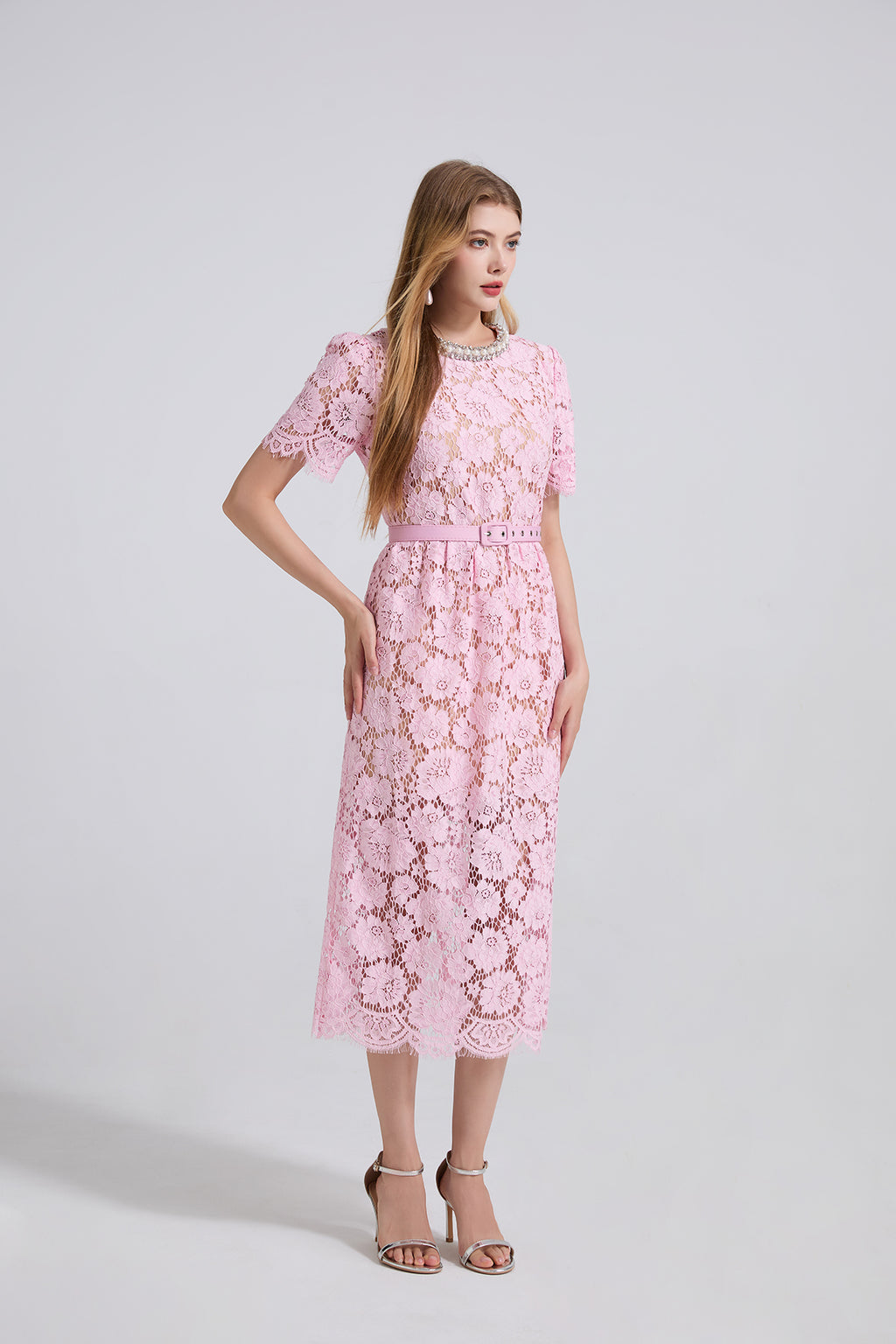Embroidered Lace Short-Sleeve Midi Dress