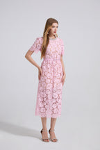 Embroidered Lace Short-Sleeve Midi Dress