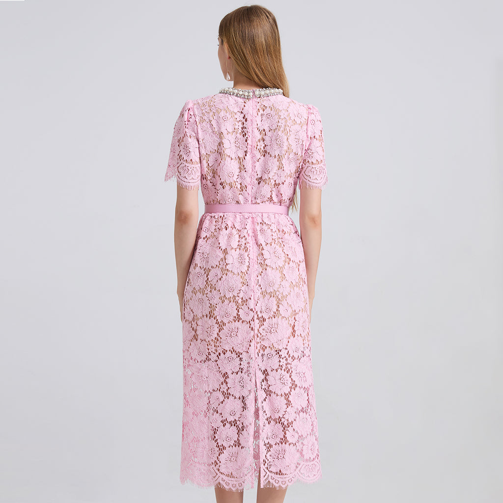 Embroidered Lace Short-Sleeve Midi Dress