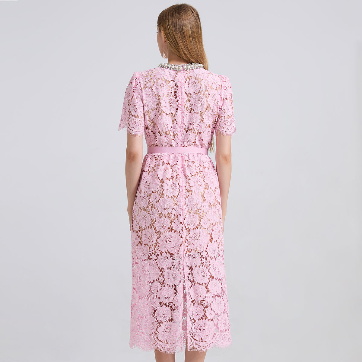 Embroidered Lace Short-Sleeve Midi Dress