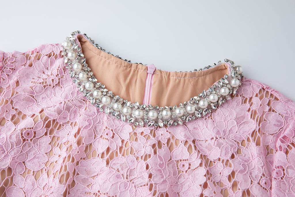 Embroidered Lace Short-Sleeve Midi Dress