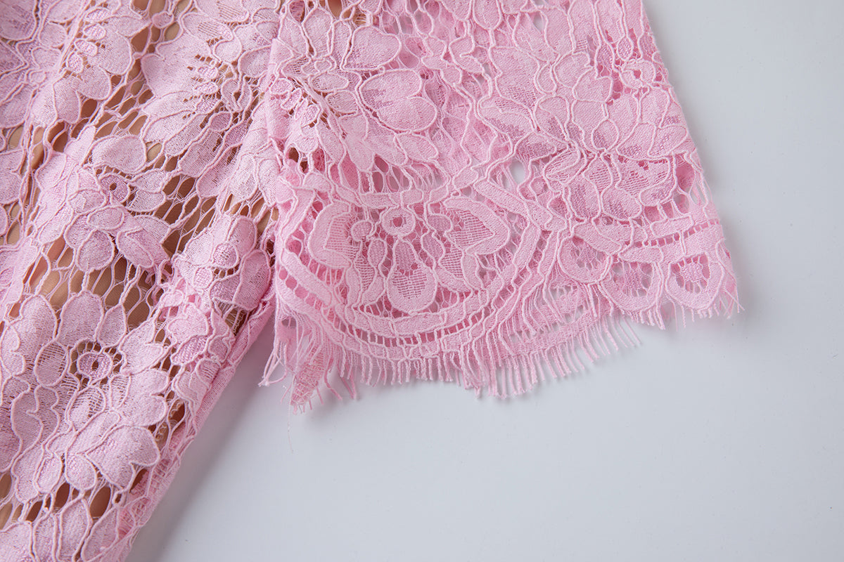 Embroidered Lace Short-Sleeve Midi Dress