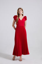 Women's V-Neck 3D Pleated Maxi Dress