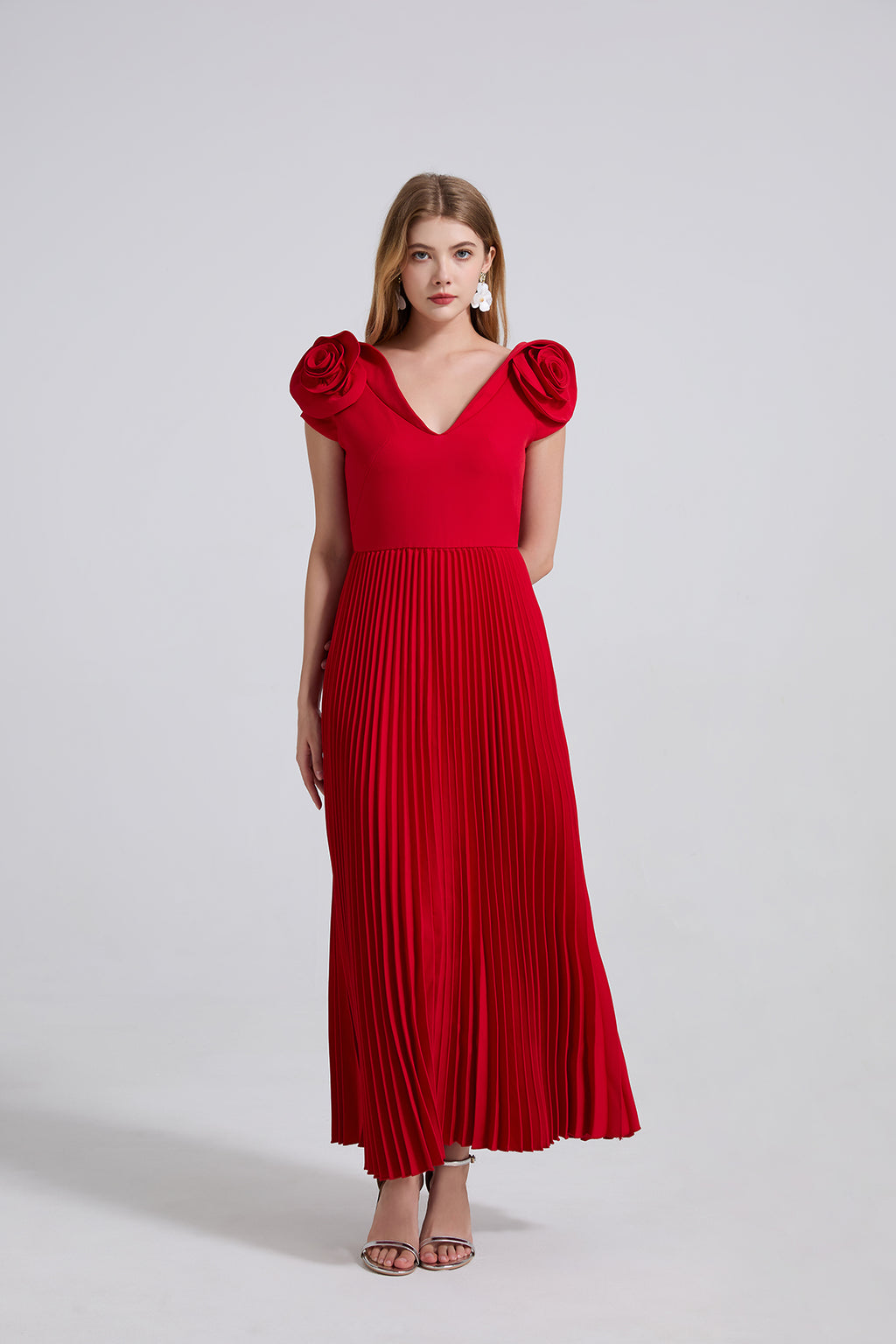 Women's V-Neck 3D Pleated Maxi Dress
