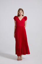 Women's V-Neck 3D Pleated Maxi Dress