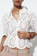 Women's All Matching Collared Hollow Out Cutout Embroidered Shirt
