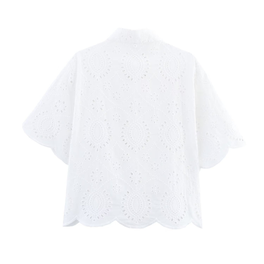 Women's All Matching Collared Hollow Out Cutout Embroidered Shirt