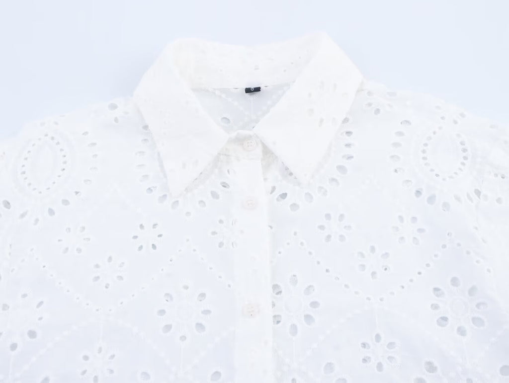 Women's All Matching Collared Hollow Out Cutout Embroidered Shirt